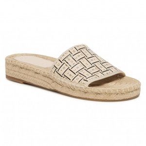 NIB Tory Burch Logo Grosgrain Ribbon Woven Slide Cream US 7.5 8 8.5 AUTHENTIC
